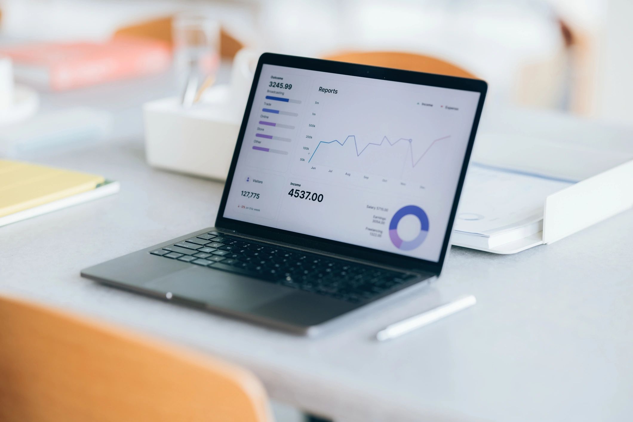 Laptop displaying analytics dashboards on an office desk